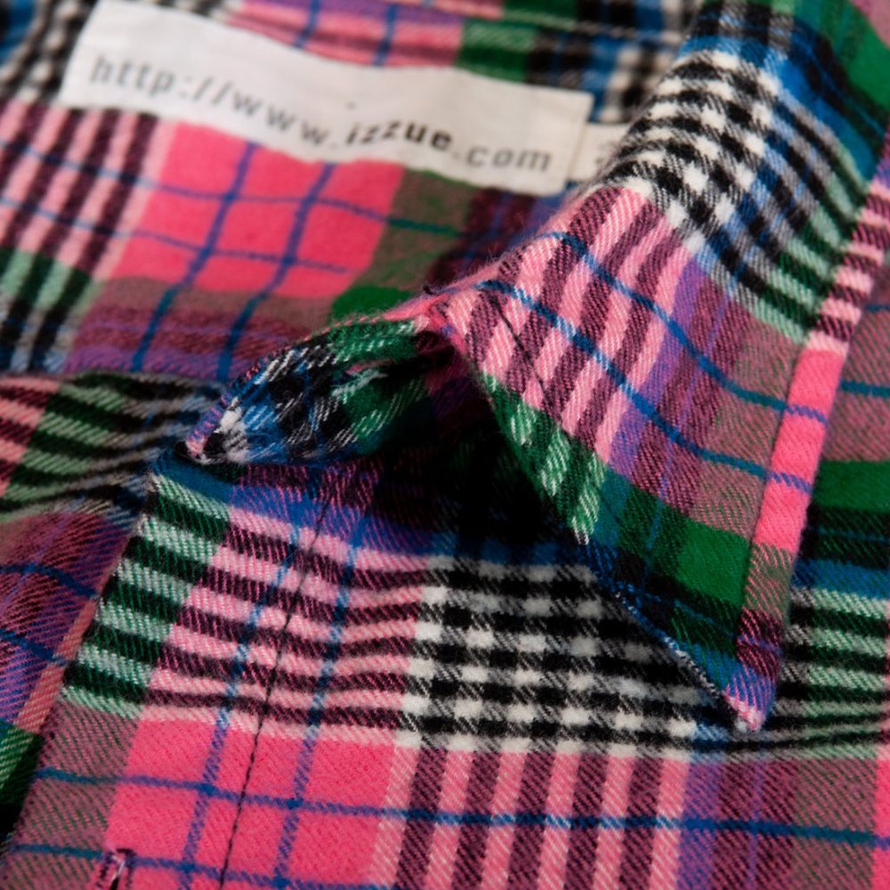 Izzue Japan Pink Plaid Distressed Seam Flannel